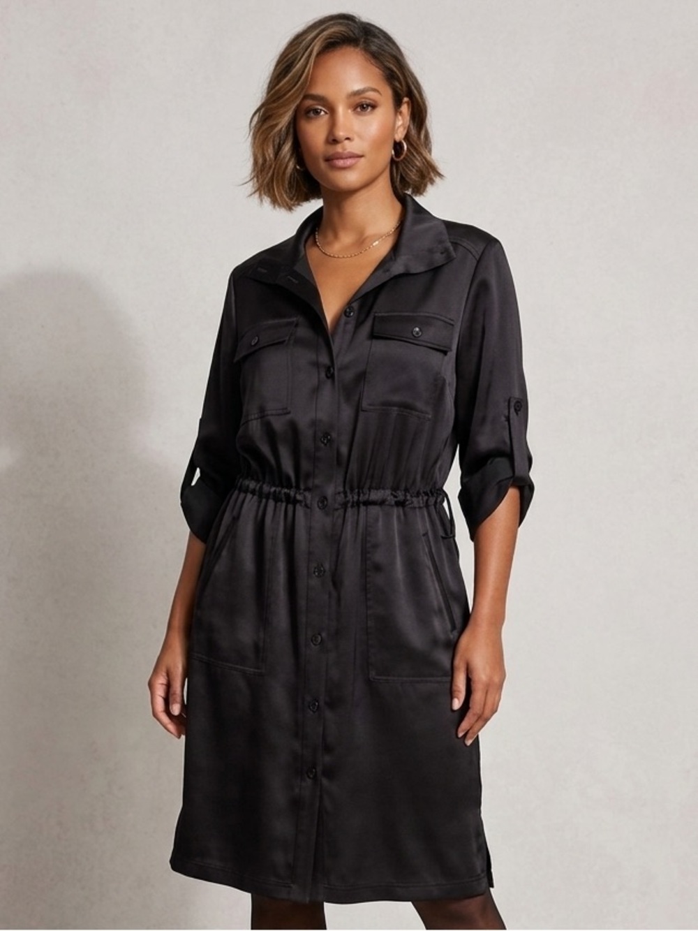 St. John Black Satin Button Down‎ 3/4 sleeves Midi Dress Size 10
